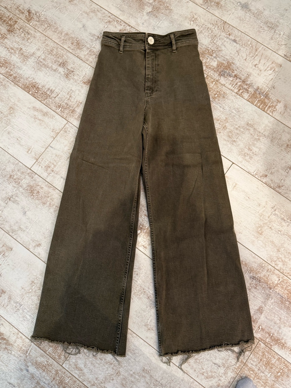Zara Marine Straight Olive Wide Leg Raw Hem Jeans